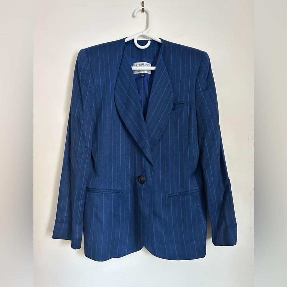 Vintage Stirling Cooper Navy & Blue Pinstripe Collarless Blazer Jacket